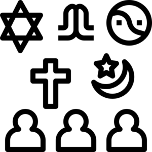 Graphic image showing three people's heads and shoulders with various different religious symbols above their heads.